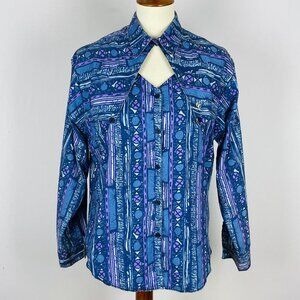 Vtg 80s The Look Western Shirt Sz M Purple Blue Geometric Rockabilly Cowgirl